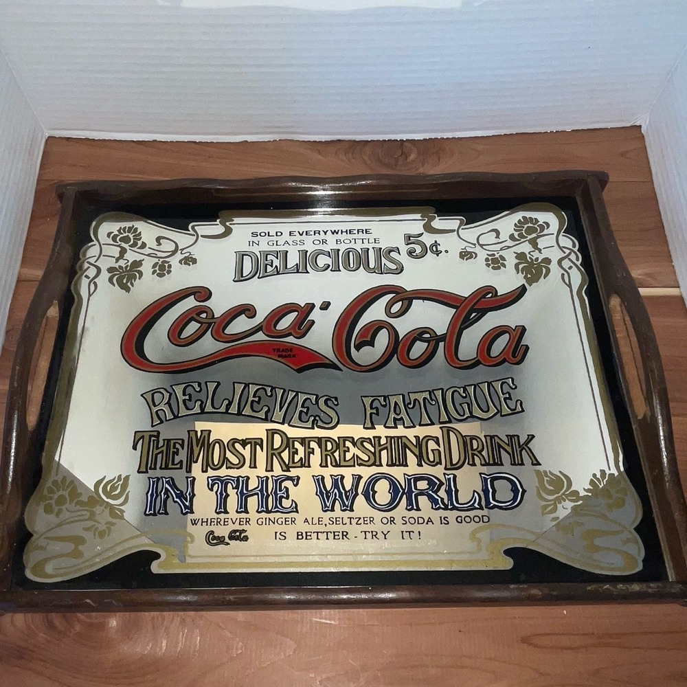 Official 1979 Vtg Coca~Cola Relieves Fatigue Mirror Tray Sign 5 Cents Price EUC